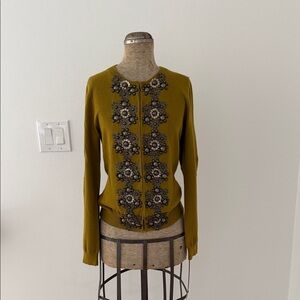 Boden- Cotton Cashmere Blend Embellished Beaded Olive Green Cardigan- Size 6